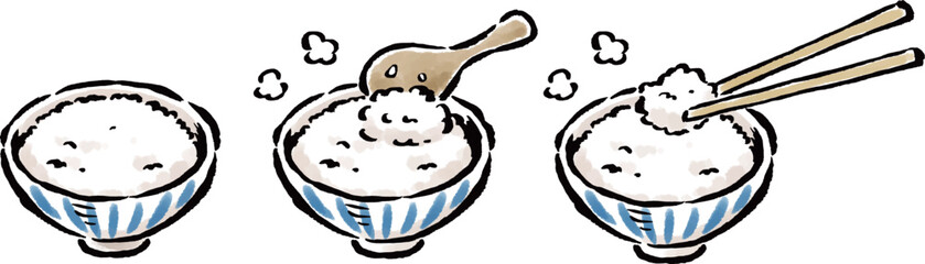 ごはんの入った茶碗　しゃもじで盛る　お箸でいただく　筆タッチイラスト
