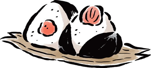 梅・鮭　和風おにぎりセット　筆タッチイラスト