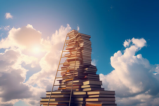 Stack of books and ladder climbing towards the sky. Knowlage and studying concept. Generative Ai