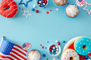 Make arrangements for a patriotic bash on Independence Day. Top view flat lay of donuts, cupcakes with decor, candies, party confetti, american flag on light blue background with empty space for ads