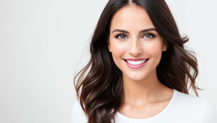 Portrait beautiful brunette model woman with white teeth smile, healthy long hair and beauty skin on light background. Concept of advertising dentist and facial care. Generative AI - obrazy, fototapety, plakaty