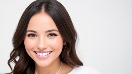 Naklejka premium Portrait beautiful brunette model woman with white teeth smile, healthy long hair and beauty skin on light background. Concept of advertising dentist and facial care. Generative AI