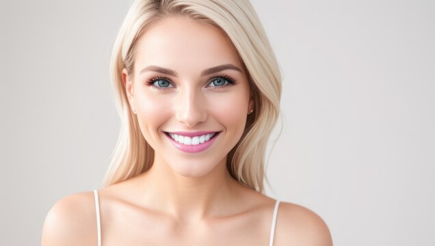 Portrait beautiful blonde model woman with white teeth smile, healthy long hair and beauty skin on light background. Concept of advertising a dentist and facial care. Generative AI