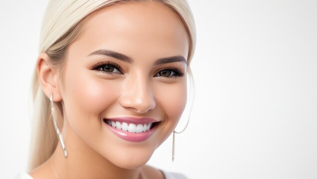 Portrait beautiful blonde model woman with white teeth smile, healthy long hair and beauty skin on light background. Concept of advertising dentist and facial care. Generative AI