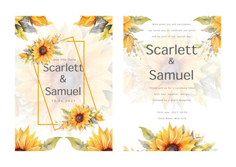 Romantic hand drawn floral wedding invitation card set. Sunflowers wedding card.