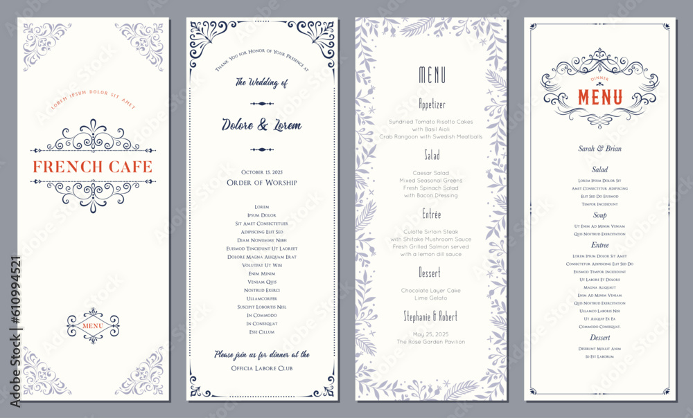 Wall mural Ornate vertical classic templates. Wedding and restaurant menu. Can be used as horizontal banners, poster, greeting and business card, invitation, flyer, brochure, email header, advertising.