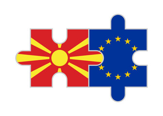 puzzle pieces of north macedonia and european union flags. vector illustration isolated on white background