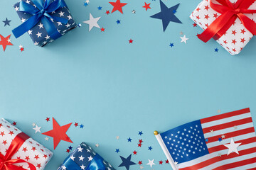 Veterans Day commemorations. Top view flat lay of patriotic gift boxes, festive confetti in national colors on light blue background with space for message or greeting