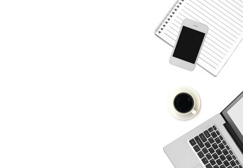 Coffee cup with office tools on white background