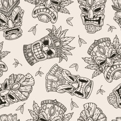 Tiki totems monochrome seamless pattern