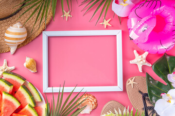 Hello summer holiday greeting and sale background. High-colored pink flat lay with tropical leaves, starfish, straw hat and bag, flip flops, beach accessories, fun holiday vacation banner