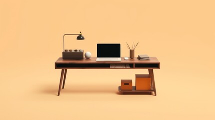 Mockup of a wooden minimalist table with a laptop on a pastel background