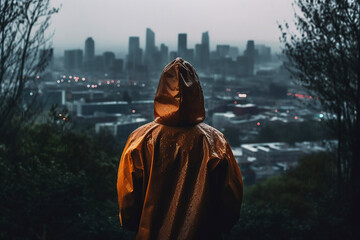 A faceless man in a hood at night in a city landscape. Generative AI illustration.