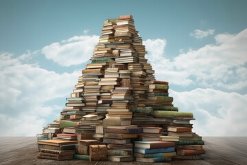 A pile of books on the background of the sky, the concept of knowledge. AI generative.