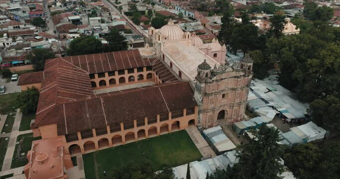 Aerial View Of Santo Domingo de Guzman Temple In San Cristobal de las Casas, Chiapas, Mexico - drone shot