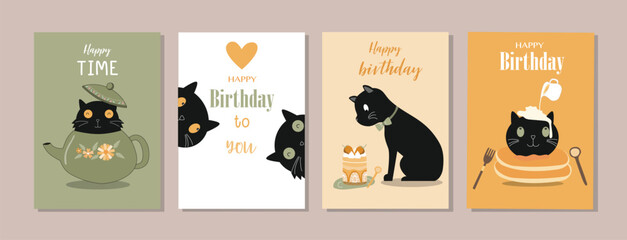 Set of happy birthday, holiday, baby shower celebration greeting and invitation card.Cute animals design .cat.Vector illustrations.