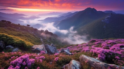 Beautiful mountain landscape with fog, red sunset and purple flowers
