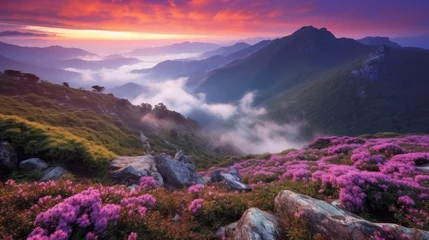 Foto op Aluminium Beautiful mountain landscape with fog, red sunset and purple flowers © StarStockArt