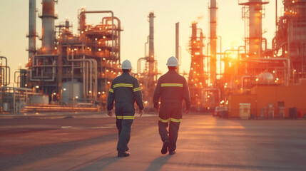 engineers in uniform walk and holding tablet checking in oil refinery field in morning, Generative Ai