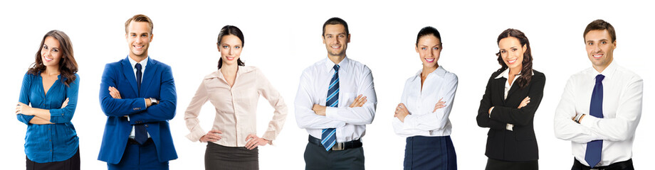 Collection collage set image - body portrait many different businesspeople professionals, confident men women, employee executive isolated white background. Business people at studio. Teamwork concept