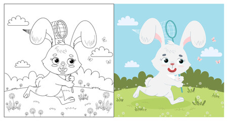 Cute coloring book - a happy white rabbit catches butterflies in a summer meadow. Summer, outdoor recreation, hobby. Cute, vector, childish illustration.