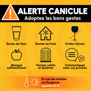 Alerte canicule  - Adoptez les bons gestes - Pr&eacute;vention autour des fortes chaleurs - &Eacute;l&eacute;ments vectoriels &eacute;ditables - Format carr&eacute;