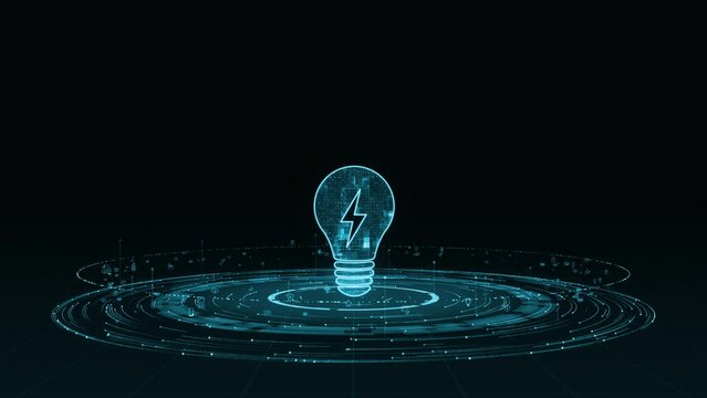 Motion graphic of Blue digital lamp logo with particle ring circle rotation with ai technology icon on futuristic abstract background lightbulb and ideas concept