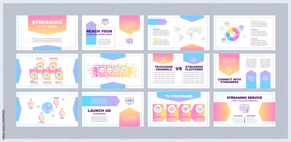 Canvas Prints streaming platforms presentation templates set. video distribution network. online media. live tv. r
