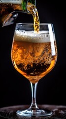 Beer is elegantly poured into a large glass against a dark background. Generative AI