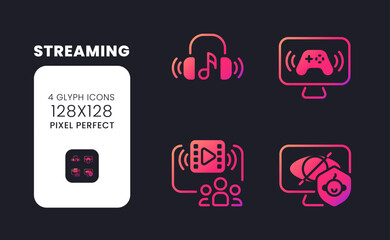 Streaming pink solid gradient desktop icons. Family-friendly programming. Online entertainment. Pixel perfect 128x128, outline 4px. Glyph pictograms kit for dark theme. Isolated vector images