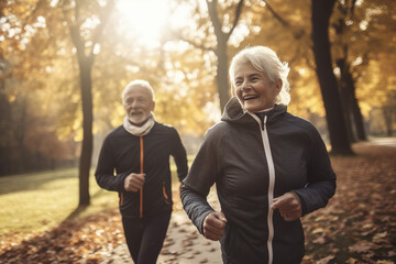 Healthy lifestyle , Happy senior couple jogging in the autumn park , Lifestyle lovely senior with warmth and smile , Created with generative AI
