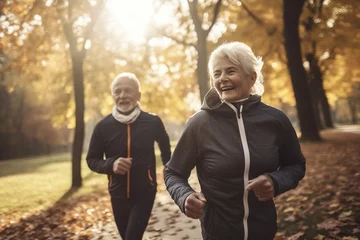 Schilderijen op glas Healthy lifestyle , Happy senior couple jogging in the autumn park , Lifestyle lovely senior with warmth and smile , Created with generative AI © Atchariya63