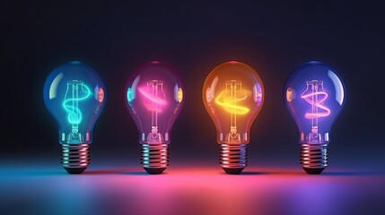 Colorful light bulbs with neon lights, abstract glowing background, digital illustration