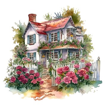 Vector illustration of Rosebud Cottage, watercolour masterpiece, enchanted garden color scheme, White background, whimsical and enchanting