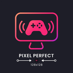 Gaming streaming pink solid gradient desktop icon on black. Esports tournaments. Network broadcast. Pixel perfect 128x128, outline 4px. Glyph pictogram for dark mode. Isolated vector image