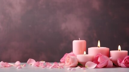 Spa concept pink flowers roses and candle light in spa salon background - Powered by Adobe