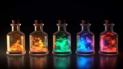 Obraz na płótnie Canvas Several medical flasks with glowing multi-colored liquid