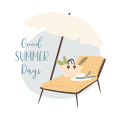 Fototapeta premium Good summer beach days. Sun beds and umbrella on the beach. Vector illustration