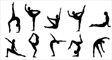 Yoga asana set. Set of male silhouettes exercising yoga. Hand drawn sketch vector illustration isolated on white background - obrazy, fototapety, plakaty