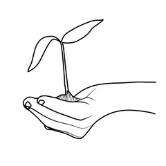 hand holding new plant tree line art sketch illustration