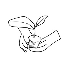 hand holding new plant line art sketch illustration