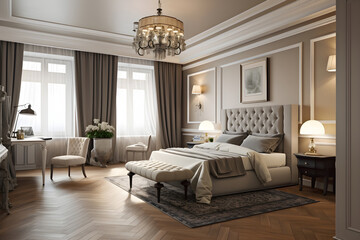 Fototapeta premium Classic style bedroom interior with modern bed in luxury house. Generative AI