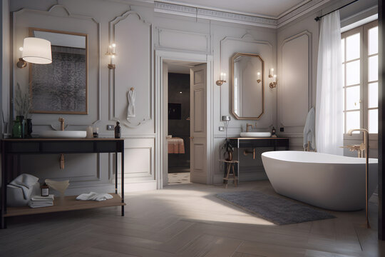 Classic style interior of bathroom in luxury house. Generative AI