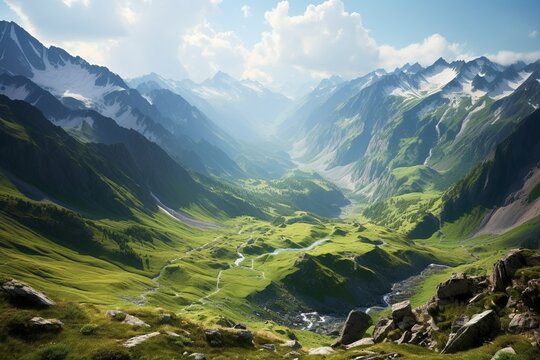 view from the top of the mountains, beautiful green valley, generative ai
