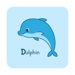 Vector square card from the alphabet with a cute animal for kids learning. The letter D - dolphin. Illustration with caption. Hand-drawn character on a blue background with a white frame