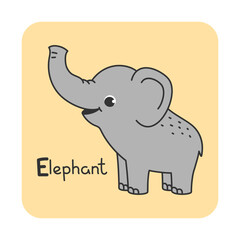 Vector square card from the alphabet with a cute animal for kids learning. The letter E - elephant. Illustration with caption. Hand-drawn character on a yellow background with a white frame
