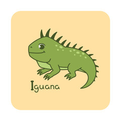 Vector square card from the alphabet with a cute animal for kids learning. The letter I - iguana. Illustration with caption. Hand-drawn character on a yellow background with a white frame