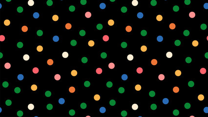 Colorful polka dot pattern on black background.
