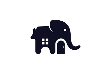 Logo design of an elephant shaped like a house with a door in the negative space. 