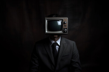 a businessman with a television head on a dark background . Generative AI illustration.